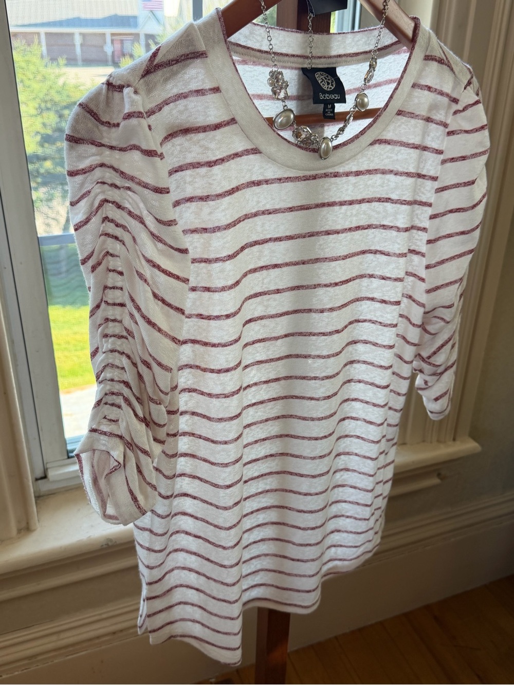 bobeau White and Burgundy Stripe Long Sleeve Tee